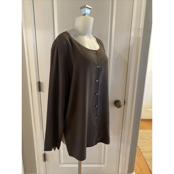 Eileen Fisher Silk L Brown Button Shirt‎ Jacket Lightweight Slits Sides - Picture 3 of 14